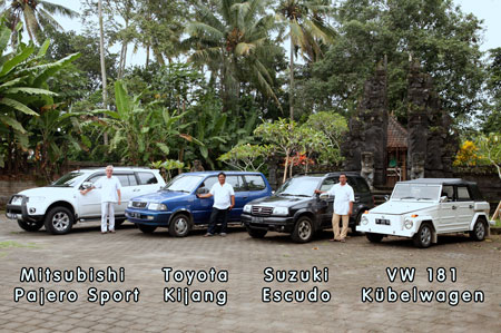 our car selection for Bali excursions Mitsubishi Pajero, Toyota Kijang, Suzuki Escudo, VW 181 Kübelwagen