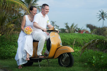 Villa Kompiang Bali Wedding - wedding photo on a vespa